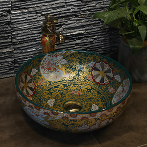 Lavabo en céramique rond artistique de style européen <span class=keywords><strong>vintage</strong></span> fait à la main, lavabo de salle de bain moderne pour utilisation sur plan de travail - Product Image 2