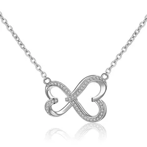 MC10 Brilliant Hottest Sweet design 925 silver Bowtie clavicle chain dainty double heart shape infinity necklace jewelry