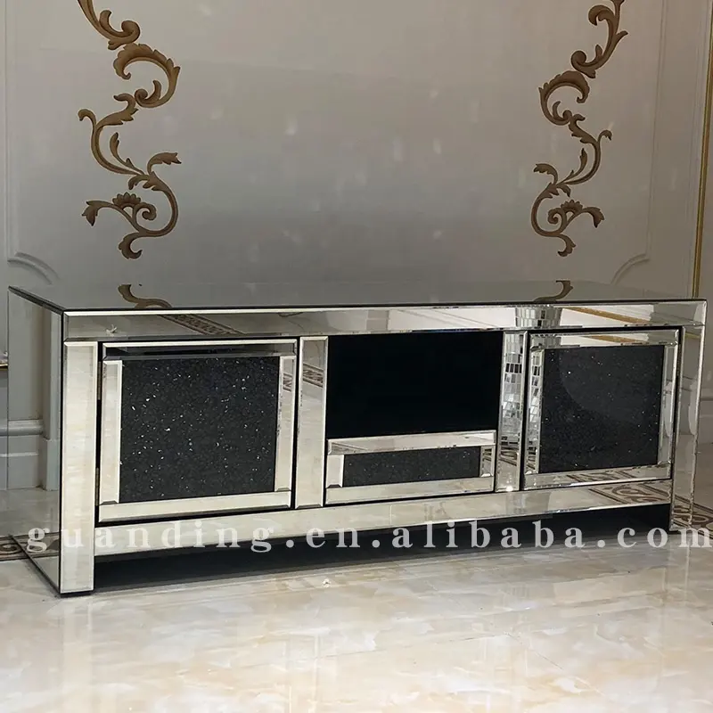 Mueble de TV moderno con cristales aplastados, mueble de TV con espejo y diamantes en color negro