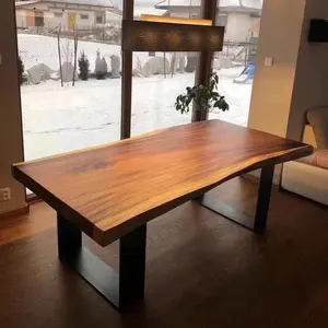 Table à manger en bois massif naturel avec pieds en métal noir Live Edge Table en dalle de noyer sud-américain en stock dalles de bois séchées au four