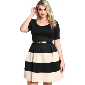 Fashion Stripes Detail Belted Skater Plus Size Dress