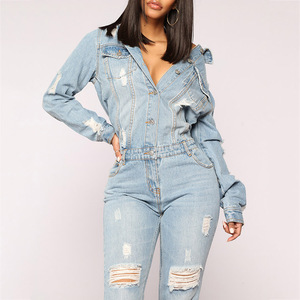 Custom mujeres Romper con cuello botón hasta bolsillos manga larga de alta cintura azul <span class=keywords><strong>denim</strong></span> jumpsuit - Product Image 4