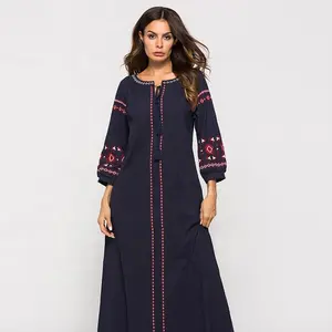 Muslim maxi 2019 middle eastern Turkey autumn new floral embroidered seven-point sleeve dress for foreign trade