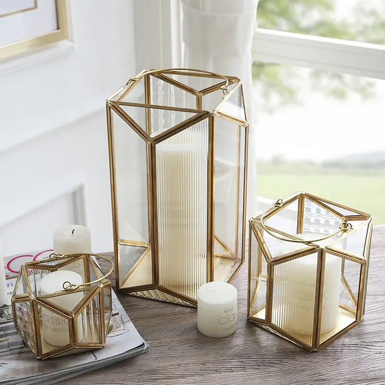 Bixuan Candle Lantern Textured Clear Crystal Glass Bronze Brass Frame Hanging Tea Light Holder Lamp  Polyhedral Candle Lantern