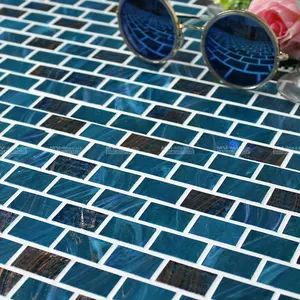 Оптовая продажа, дешевая прямоугольная темно-синяя стеклянная мозаичная плитка для бассейна 20x30 brickbond