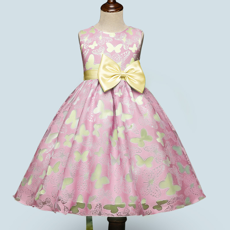 Online Wholesale Shop Satin Designs Girls Party Clothing Dresses with Lemon Yellow Bow Tie