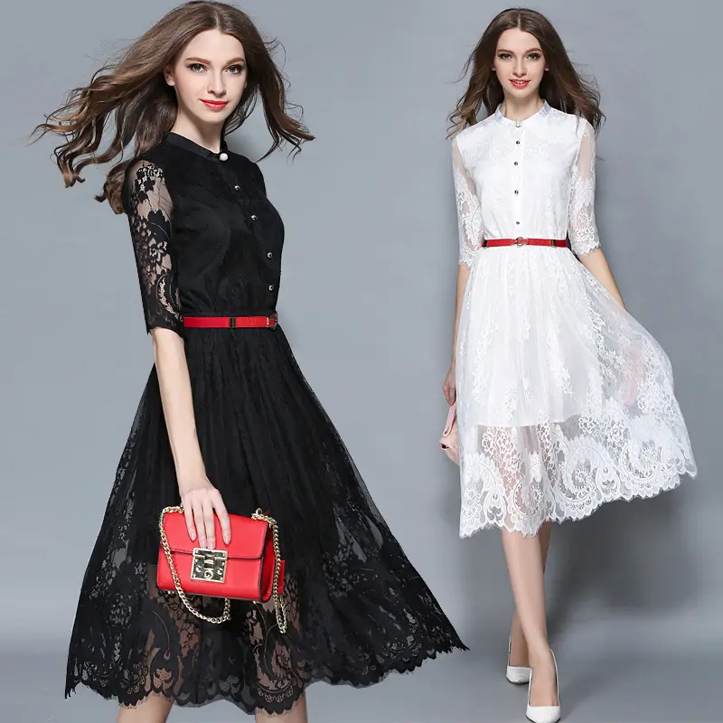 New Women Clothes Hlaf Sleeves Stand Collar Hollow Out Floral Lace Fashion Dresses ready to ship