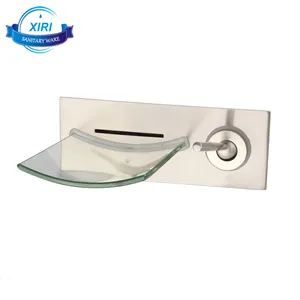 Artistieke Wall Mounted Messing Geborsteld Nikkel Glas Waterval Badkamer Wastafel Mengkraan Dual Gat Wastafelkranen NB513