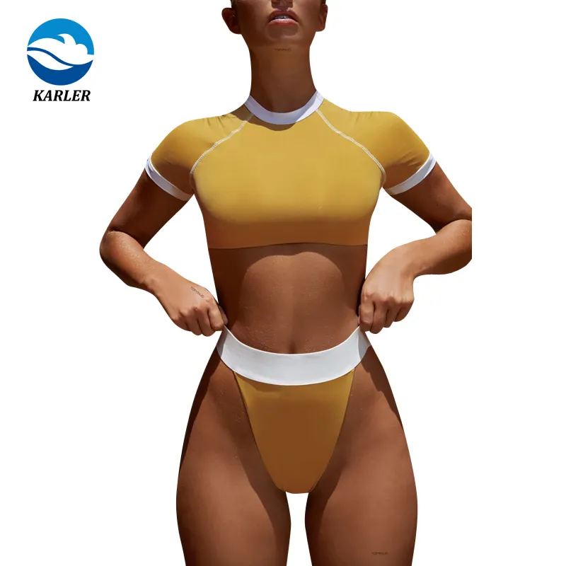 カスタム半袖女性ビキニセットハイカット2ピースセクシーなパッチワークビーチウェア女性用