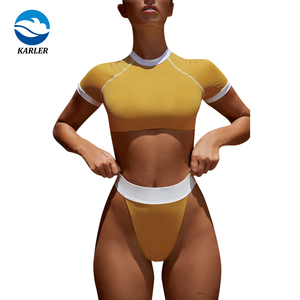 De manga corta de las mujeres conjuntos de <span class=keywords><strong>Bikini</strong></span> de corte alto 2 piezas Sexy Patchwork ropa para damas - Product Image 1