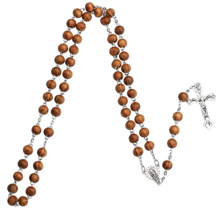 Venta al por mayor, Cruz de oración católica de la Virgen María, Rosario de madera, colgante con cuentas, collar religioso