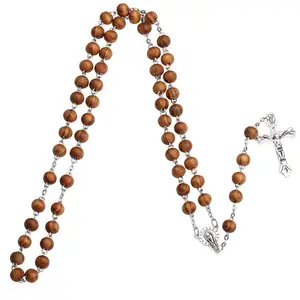 Großhandel Jungfrau Maria Katholisches Gebets kreuz Holz Rosenkranz Perlen Anhänger Religiöse Halskette