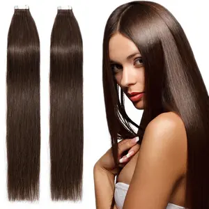Venta al por mayor extensiones de cabello recto medio-#4 marrón medio 16 "-24" brasileño de la Virgen en la cinta del pelo humano del pelo