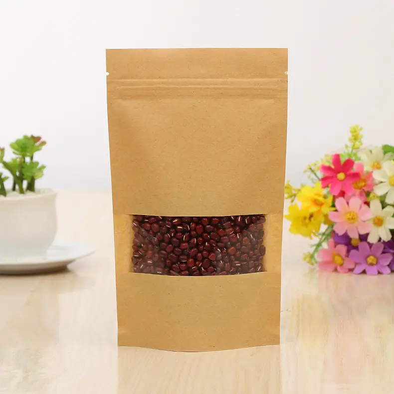 kraft paper doy pack bag stand up pouch with zipper and clear window for dried fruit coffee bag