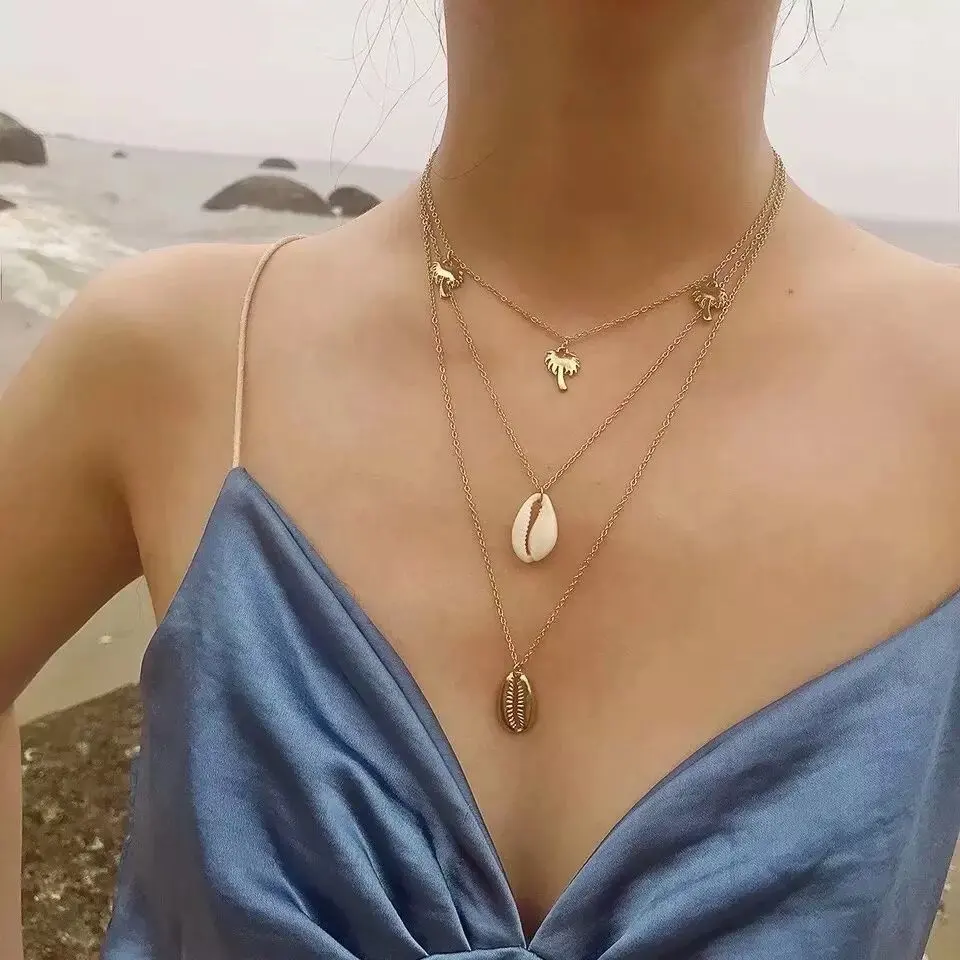 Mode Kokosnuss Baum Schichtung Halskette Multilayer-Gold Überzogene Meer Kauri Shell Halskette