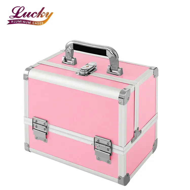Профессиональный косметический футляр, органайзер для хранения макияжа, коробка с алюминиевой рамкой с 3 лотками, держатель для кистей и зеркала и розовый замок для ключей