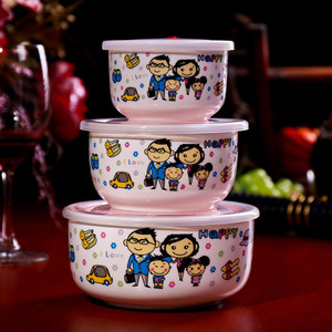 3 Pcs <strong>Set</strong> Ceramic Crisper <strong>Bowl</strong> Porcelain Fresh <strong>Bowl</strong> Cover <strong>Sets</strong> with Plastic Lids for Fruit Salad Food <strong>Microwave</strong> <strong>Oven</strong> Safe - Product Image 2