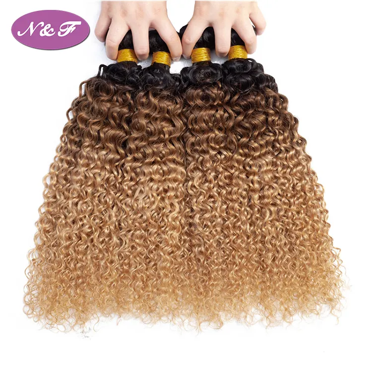 Ombre 1B 4 27 Full Cuticle Curly Wave Human Hair Bundles 100% Brazilian Virgin Human Hair Weft