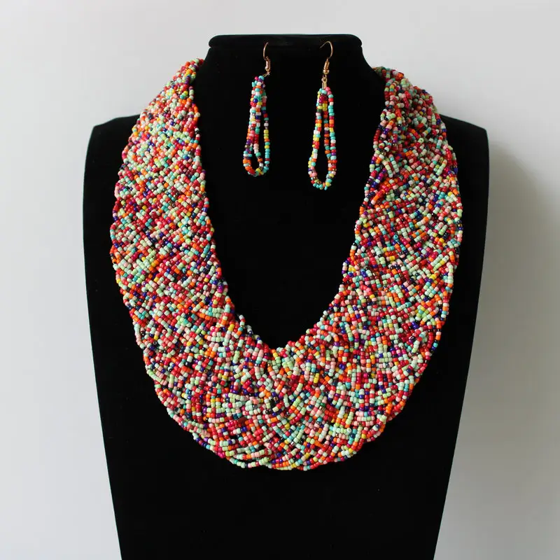 Handmade braided large rainbow collar necklace earring women fashion african seed bead jewelry set