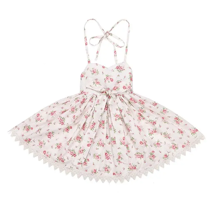 RTS 6-7Y Flofallzique Flower Print Halter Lace Bottom Beach Dress Sleeveless Cotton Princess Summer Dress