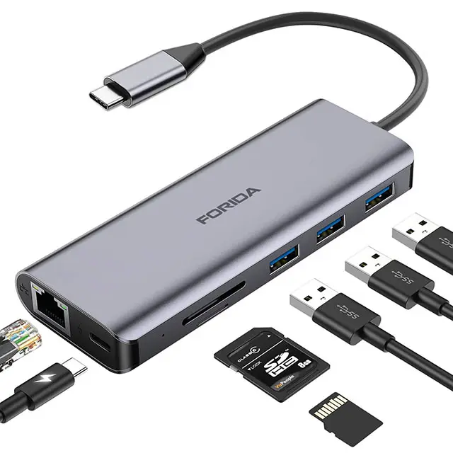 USB C Hub with Power Delivery, Ethernet Port, SD Card Reader, 3 USB3.0