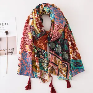 Bohemia estilo étnico floral impresso lenço com borlas Malásia algodão bawal cabeça envoltório lenços algodão voile xales mulheres hijab