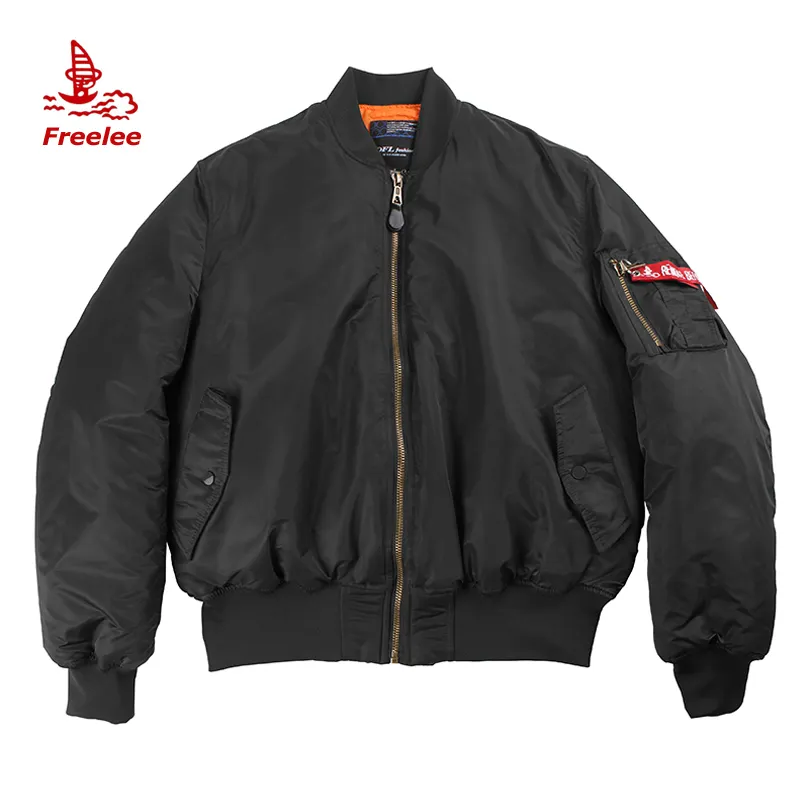 Plain black nylon waterproof quilted winter pilot flight bomber jacket