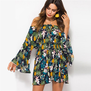 <span class=keywords><strong>Logo</strong></span> personnalisé 2019 D'été Off Épaule Longue Cloche Manches Floral Court Skater Robe Femmes - Product Image 3