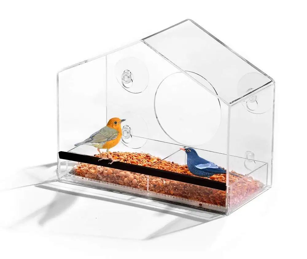 Window Home Shape Bird Feeder, Refillable Sliding Tray - Weather Proof - Snow and Squirrel Resistant - Drains Rain Water