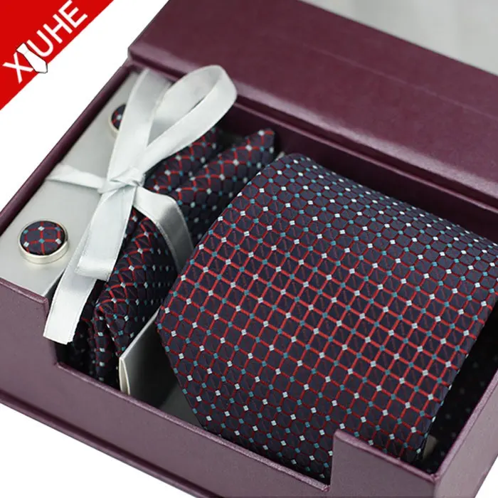 Tùy Chỉnh Cổ Điển Chính Thức 100% Polyester Khuy Măng Sét Tie Và Khăn Tay Gift Box Sets Cho Nam Giới