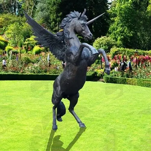 Cavalo de bronze decoração ao ar livre, estátua de unicórnio com asas de bronze