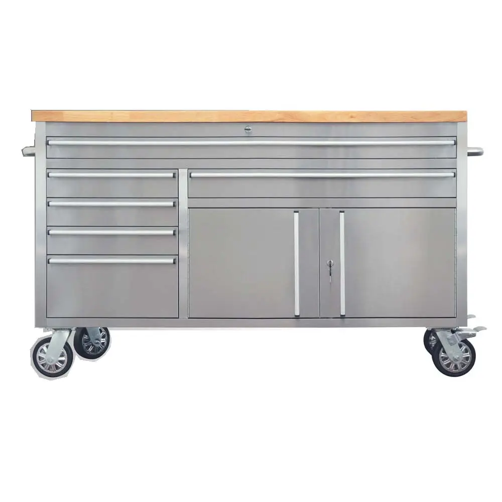 Solid wood bench top 60'' rolling tool box chest mobile 6 drawer cart