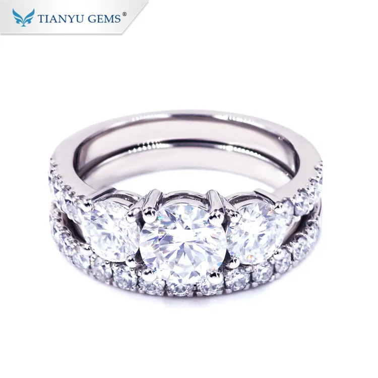 Tianyu宝石スーパーホワイト1ctモアッサナイトダイヤモンド14 18kホワイトゴールドの結婚指輪セット