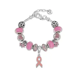 Braccialetto RisingMoon per la Consapevolezza sul <span class=keywords><strong>Cancro</strong></span> al Seno, con Ciondoli e Catena a Serpente, Nastro Rosa per Donne - Product Image 1