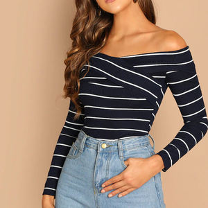 2019 baratos moda mulher off the shoulder formal sexy Casual Envoltório Cruz Alças Listrado Tee mulheres T-shirt top colheita - Product Image 1