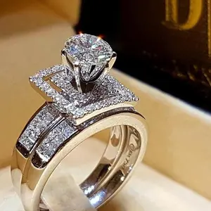 Anel de cristal redondo feminino, conjunto anel branco de luxo anel de noivado vintage anéis de casamento clássico zircão cnas para mulheres