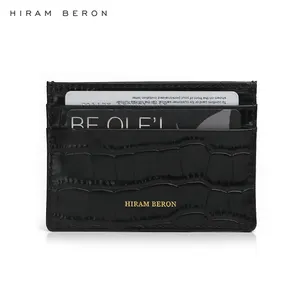 Hiram-cartera compacta de negocios Beron, tarjetero italiano de cuero negro brillante Delgado