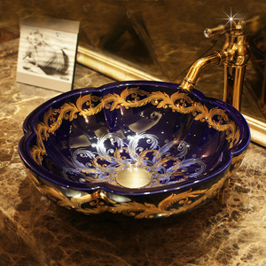 China pintura hecha a mano lavabo cuarto de baño buque se hunde contra superior en forma de flor de cristal azul patrón oro chino tazón fregadero - Product Image 3