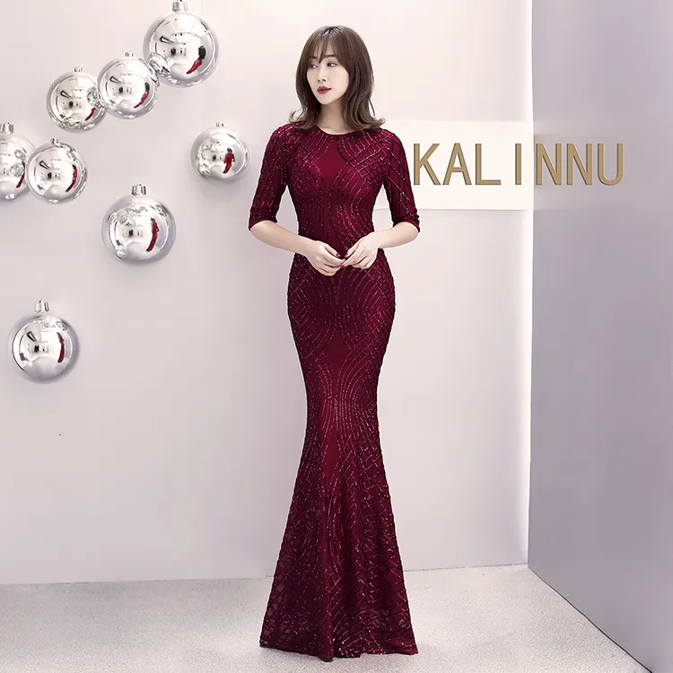 16001#European and American Classical Fashion Long Sleeve Pearl Fillet Fishtail Evening Dress Banquet Dress bobtail; evening we