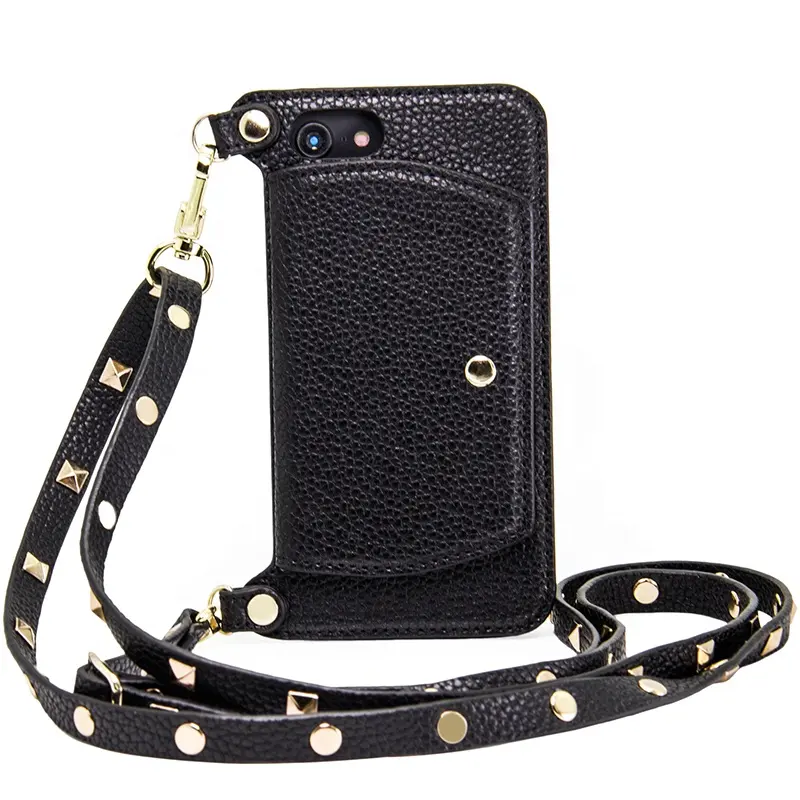 Fashion design crossbody genuine cow leather phone case with studs shoulder strap for iPhone 7 iPhone 8