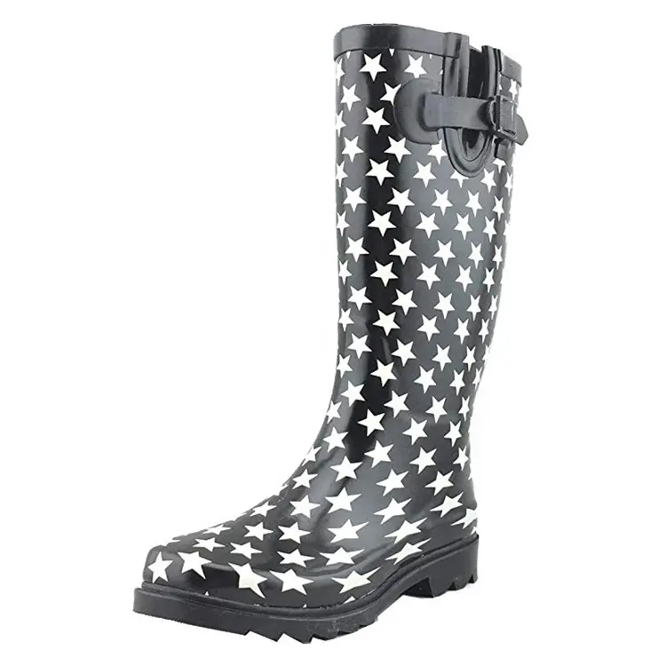 Hotsale özel baskılı gumboots Moda Bayanlar Siyah Wellies Su Geçirmez Anti Kayma kauçuk Diz yağmur çizmeleri