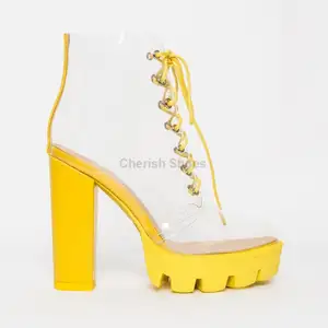 Botines de piel sintética para mujer, calzado de plataforma con cordones, transparente, pvc