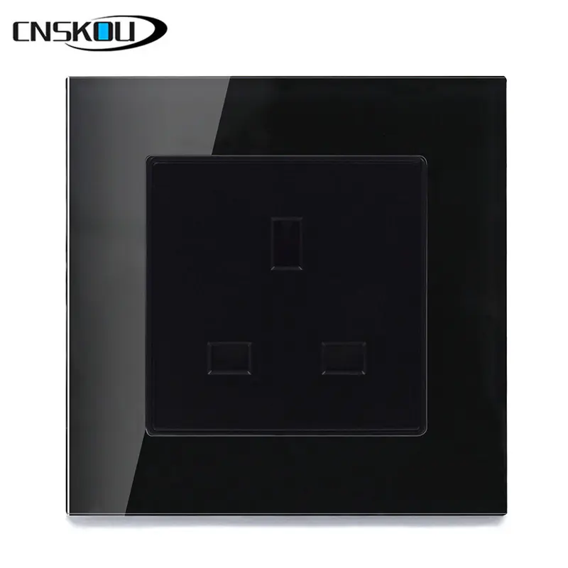 CNSKOU BS มาตรฐาน13A กระจกนิรภัยสีดำแผงคริสตัลแก้วคริสตัล Single Wall Socket