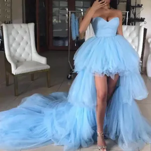 Personalizado Cauda Longa Curto Luz Azul Vestidos de Baile Para As Mulheres