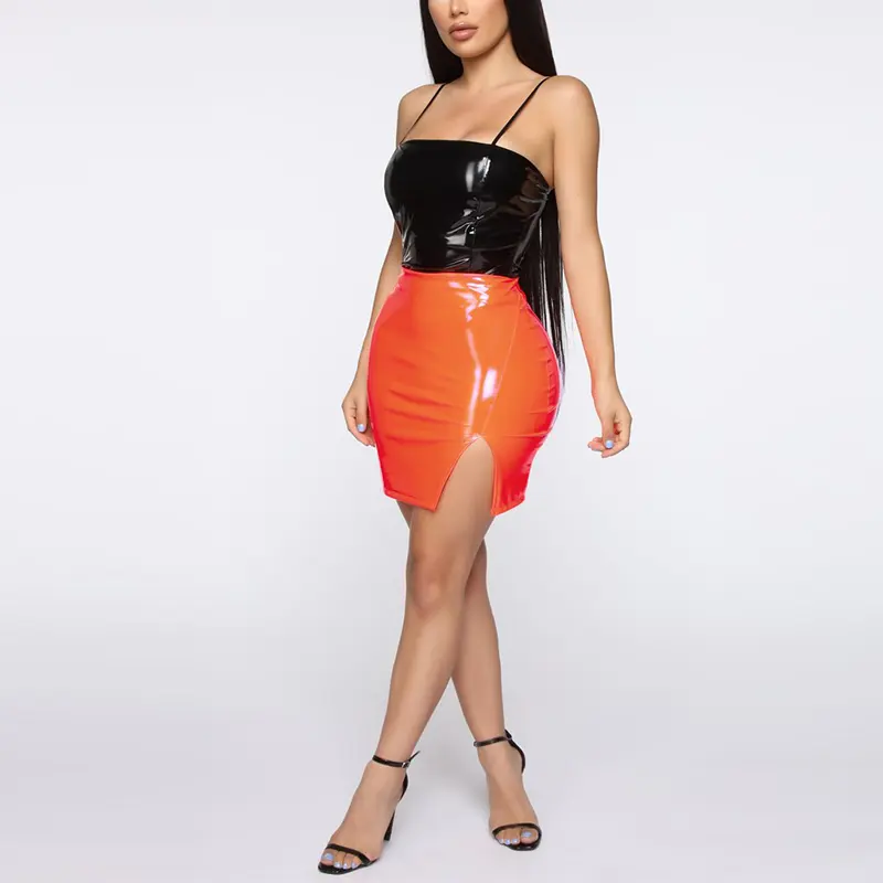 2019 New Style Club Sexy Vinyl Side Slit Mini Skirt Pencil Skirt for Women Faux Leather Solid Pattern Adults