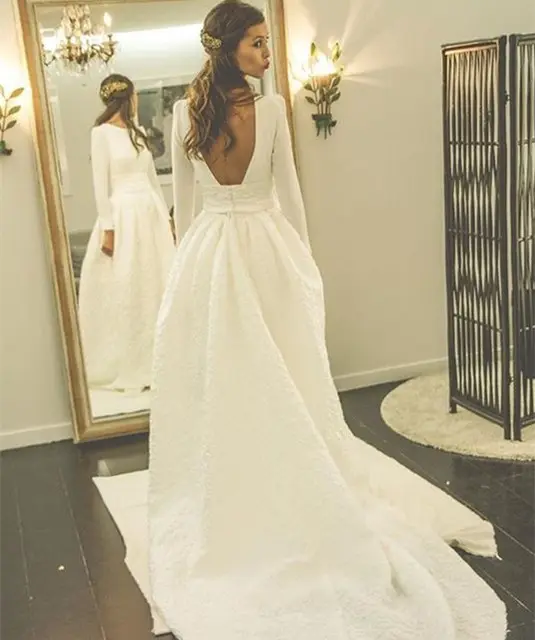 Vestido de casamento cetim a-linha, elegante, manga comprida, vestido de casamento, de cetim