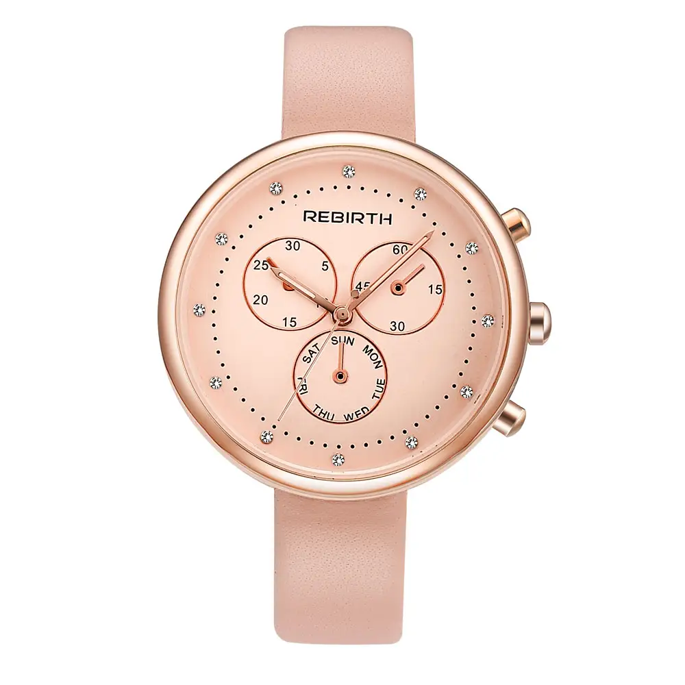 Cute Pink Dial Date Quartz Lady Watch Online Shopping Leather Wrist Watch For Women REBIRTH RE203b