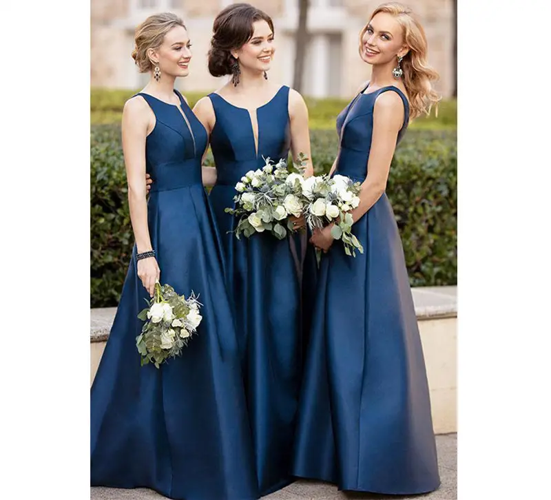 Robe de demoiselle d'honneur longue en Satin bleu, ligne a, robes d'invitées de mariage, robe de demoiselle d'honneur, nouvelle collection 2021