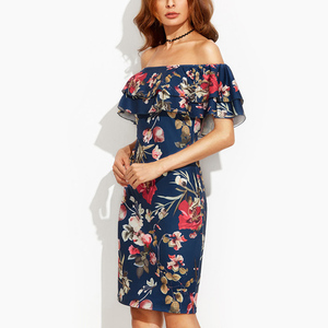 Mode été Vêtements À Manches Courtes Hors Épaule Volants Gaine Femmes Robe Florale - Product Image 3