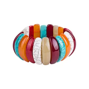 Hot Sales Artistic Style Spring Summer Multi Turquoise Colour Fissure Effect Geometric Ivory Cuff Resin Bangle Bracelet